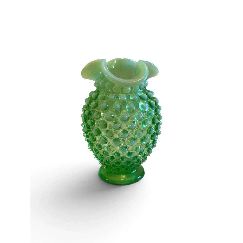 VINTAGE FENTON GREEN URANIUM HOBNAIL VASE 3 1/2